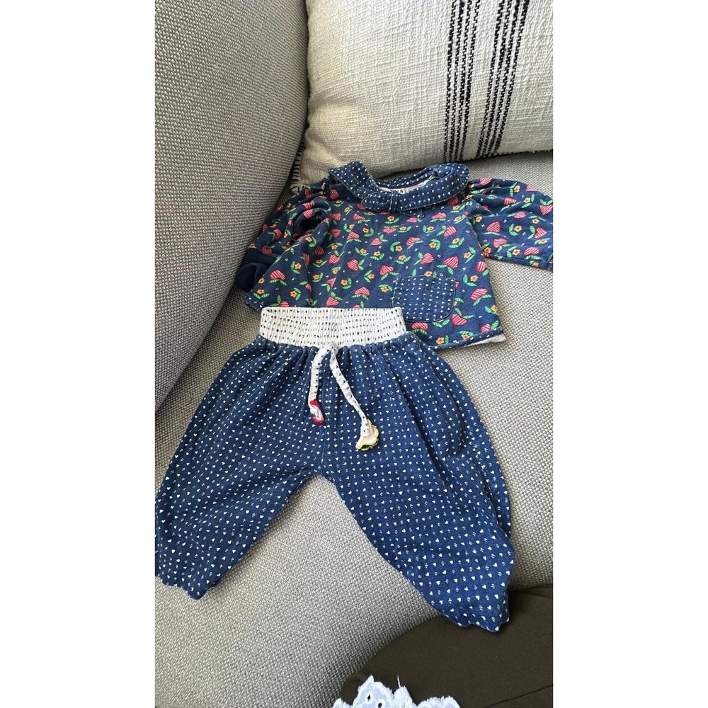 Vintage Koala Kids Navy Blue Floral Heart Print 2pc Set Peter Pan Collar 3-6 M